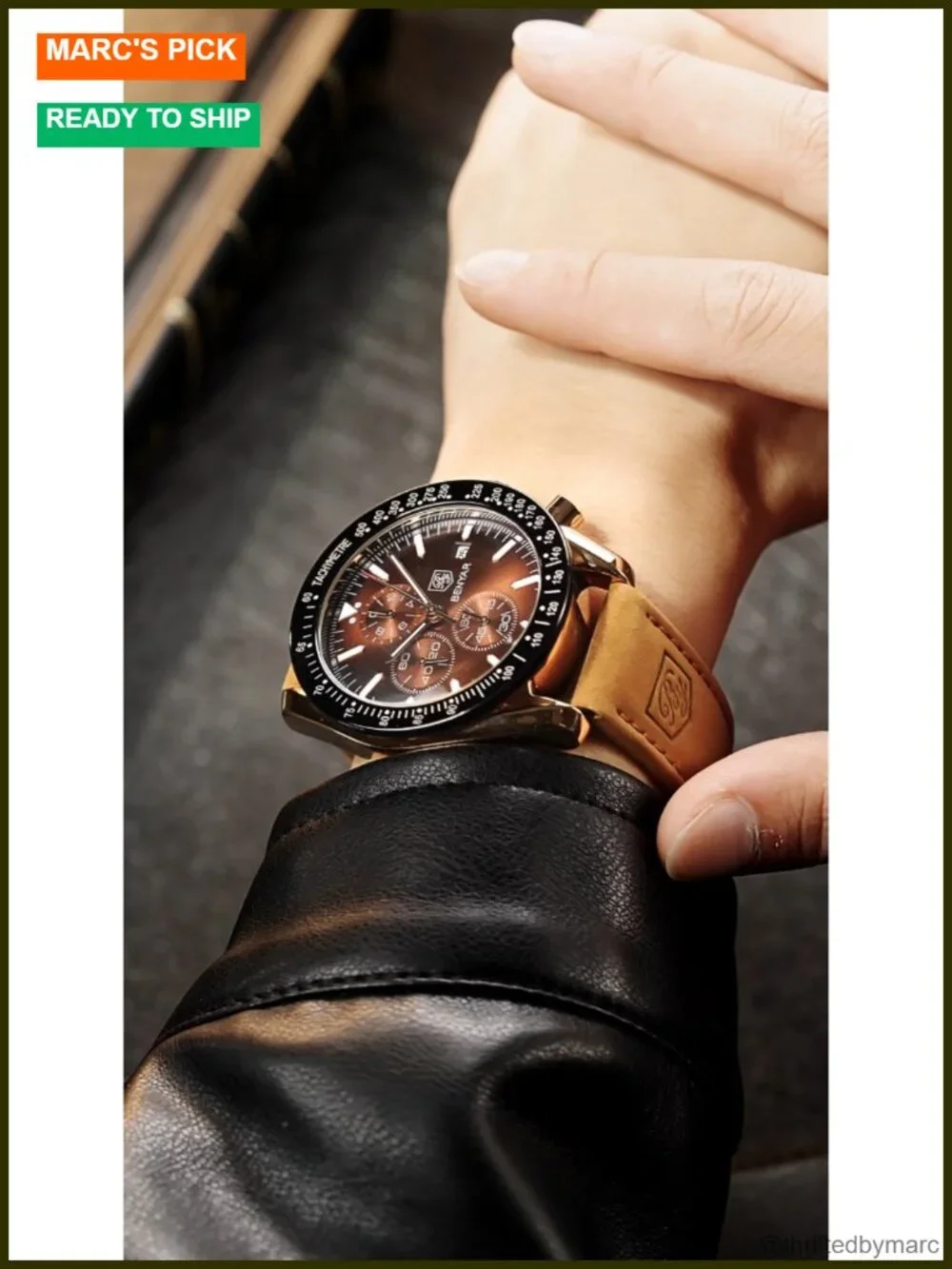 Quartz Chronograph Leather Strap Dress Watch 30M Water Resistant